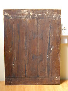 The reverse of the panel on which the portrait is painted Leonardo da Vinci LUCAN self-portrait REVERSE.jpg