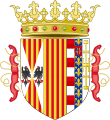 Varianta (cu crinii de Anjou) a stemei lui Ferdinand Catolic pentru Aragon, Două Sicilii și Barcelona (1504-1516)