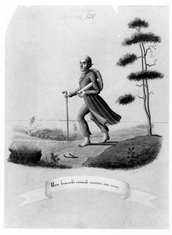 A caricature of Elias Lönnrot by A. W. Linsen: "Unus homo nobis currendo restituit rem" – "One man saved everything for us by running".