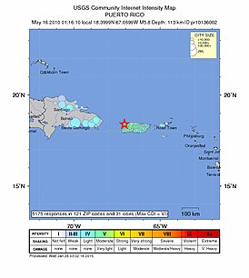 Эпицентр землетрясения в Пуэрто-Рико 16 мая 2010 года (Снимок USGS)