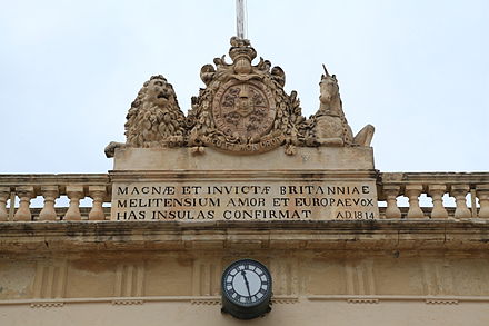 The British coat of arms on the Main Guard building in Valletta.