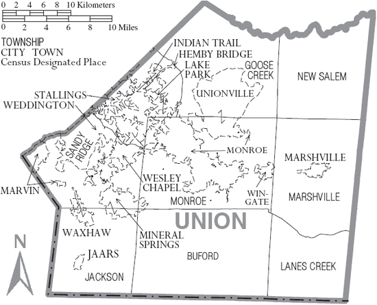 Map of Union County, North Carolina With Municipal and Township Labels