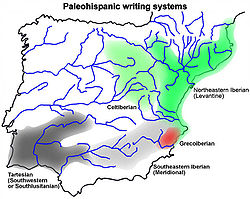 Γεωγραφική κατανομή των παλαιοισπανικών συστημάτων γραφής, με κόκκινη σκίαση η κύρια περιοχή χρήσης του ελληνοιβηρικού αλφαβήτου.
