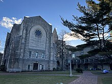 Marsh Chapel, located at the BU beach, is right next to the BU Law Auditorium. Marsh Chapel Back.jpg