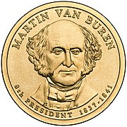 A golden coin with a portrait of a balding man wearing a cravat and facing forward