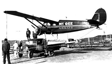A Stinson "S" Junior aircraft of McGee Airways. McGee Airways was the precursor to present-day Alaska Airlines.