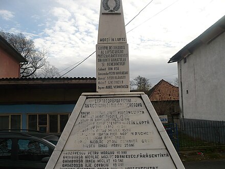 Memorial in Teregova commemorating anti-communist partisans in the Banat Mountains and the Mehedinți Mountains