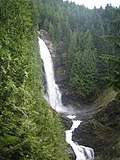 Sebuah air terjun besar yang mengalir di antara hutan hijau