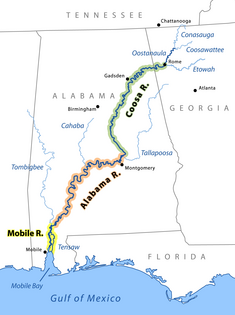 Mapa de los ríos Mobile-Alabama-Coosa —y algunos afluentes como el Tombigbee, el Tallapoosa, etc.— que fluyen en dirección suroeste por Alabama