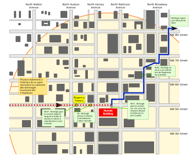 Plan des bâtiments d'Oklahoma City après des flèches indiquant le chemin du terroriste pour poser la bombe puis fuir la scène de crime. Un rayon dans lequel les bâtiments ont été détruits est indiqué.