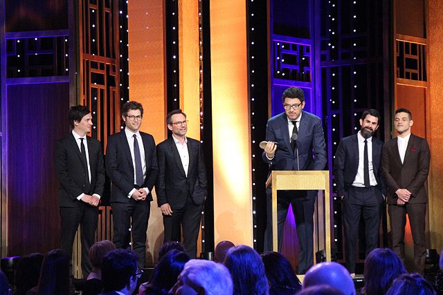 Sam Esmail, Rami Malek, and others accepting the 2016 Peabody Award for Mr. Robot