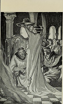 The bloodied head on a plate in T. W. Rolleston's Myths and Legends of the Celtic Race (1910)
"Peredur had been shown these things to incite him to avenge the wrong, and to prove his fitness for the task." Myths and legends; the Celtic race (1910) (14596966327).jpg