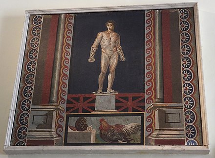 A boxer and a rooster in a Roman mosaic of first century AD at the National Archaeological Museum, Naples