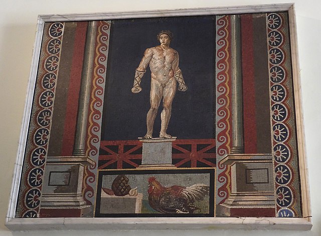 A boxer and a rooster in a Roman mosaic of first century AD at the National Archaeological Museum, Naples