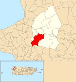 Location of Naranjo within the municipality of Moca shown in red