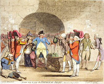 In a 1786 James Gillray caricature, the plentiful money bags handed to King George III are contrasted with the beggar whose legs and arms were amputated, in the left corner.