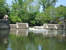 At the south end of the North Shore Channel, the North Branch of the Chicago River flows over a small dam, now removed, into the confluence.  View looking northwest, near River Park in Chicago.