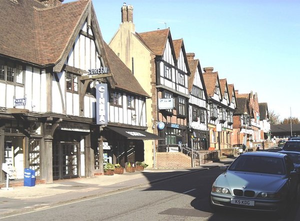 The timber-framed stucco façades of buildings in Oxted