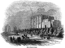 Norwich Castle in 1845; Rush was hanged here in 1849 Norwich Castle, 1845.jpg