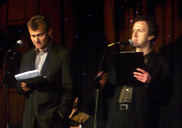 Steve Punt (right) with Hugh Dennis on The Now Show in 2005