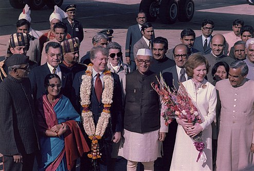 Desai (third from right, front row) with the US President Jimmy Carter during his January 1978 visit to India.