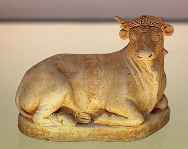 English: Oil-jug in the form of a recumbent bull. Made in Campania about 120-70 BC From Tarquinia. Museum Reference: GR 1873.8-20.591