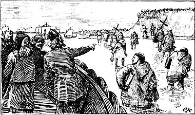 A drawing from the 1890s depicting 10th century ruler Haakon the Good commanding Christian clergy Olav Tryggvasons saga - Haakon jarl 2 - C. Krohg.jpg