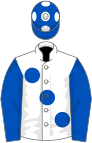 White, large royal blue spots and sleeves, royal blue cap, white spots