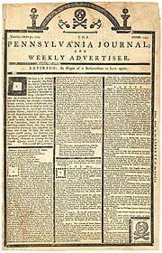 Pennsylvania Journal, October 31, 1765, issue, with black borders, protesting the stamp act Pennsylvania Journal, Stamp Act announcement.jpg