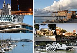 A collage of the city, showing Cathedral of San Cetteo, Sea Bridge, Trabucchi, Fater Building, Aurum Museum, Town Hall, Cascella's La Nave, and the city's harbour