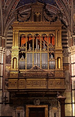 Pipe organ in Sienna Cathedral, Italy, rebuilt in 1966, organ front on the right hand side