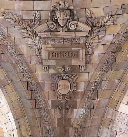 Inside of the rotunda of Union Station in Pittsburgh showing the city's name as commonly spelled in 1900.