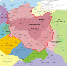 Poland with Pomerania under the rule of Mieszko I, c. 960-992. Dagome iudex first defined Poland's geographical boundaries (including Pomorenia) and placed the lands under the protection of the Apostolic See. Polska 960 - 992.svg