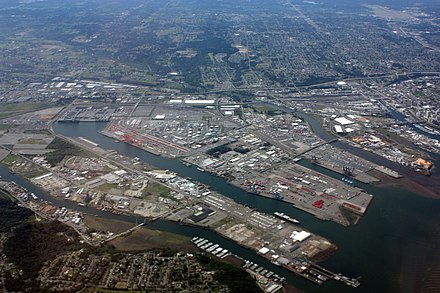 The Port of Tacoma, on Commencement Bay, is one of the largest seaports in the Pacific Northwest.