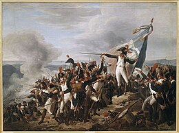 Painting shows a man in a blue uniform with white breeches standing on a mountaintop amid a crowd of soldiers. He gestures dramatically with his sword as he holds a French tricolor. Some of the soldiers are firing downhill.