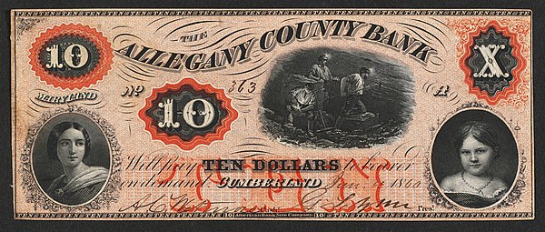 A 10-dollar note from the Allegany County Bank from 1860.