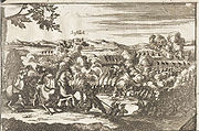 Een tekening van een man die van zijn paard valt (Turenne) en een ander die zijn onderarm heeft verloren (Saint-Hilaire) tegen de achtergrond van vierkanten van troepen met pieken en een kamp.