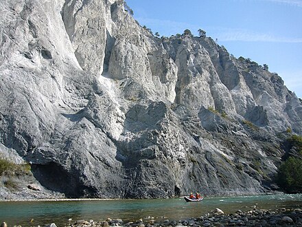 Rhine cutting through Flims Rockslide debris, Switzerland