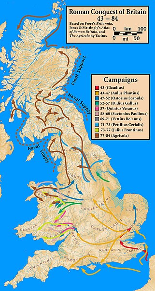 Roman conquest of Britain, showing the dominant local tribes/kingdoms conquered in each area