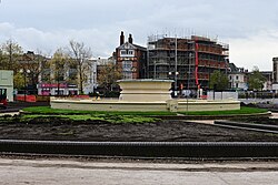 The Rose Bowl fountain amid construction work on Queen's Gardens in Kingston upon Hull, which had been recently renovated and repainted back to its original colour prior to work beginning on the site around it.