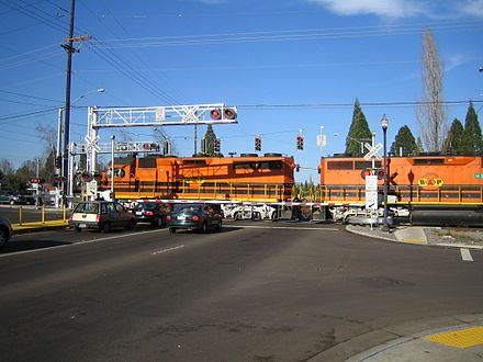 Two standard-fare Portland and Western locomotives in Beaverton, Oregon