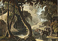 A Scene in Sitsikamma, une vision fantasmée par Samuel Daniell datant de 1801 montrant des éléphants d'Asie dans la forêt de Tsitsikamma.