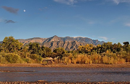 The Sandia Mountains, with the Rio Grande in the foreground