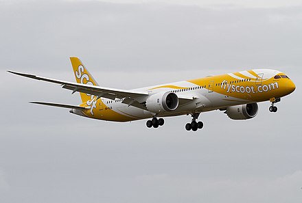 Scoot's first Boeing 787-9 Dreamliner, nicknamed Dream Start (9V-OJA), on final approach at Singapore Changi Airport on its delivery flight