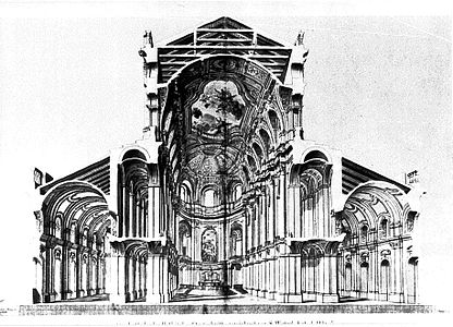 Querschnitt, Sebastian Wetzel 1747, signiert von Gaetano Chiaveri. Die geplante Innenausmalung der Hofkirche scheiterte an dem später in Dresden vorherrschenden Klassizismus.