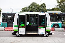 EasyMile EZ10 with doors open Self-driving bus line opening in Tallinn (35404284934).jpg