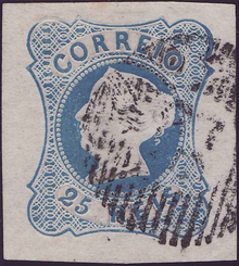 An early stamp of Portugal. Selo de 25 Reis de D. Maria II, 1853.png