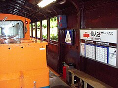 Ein Eisenbahnwagen in der Kabine des Schrägaufzugs