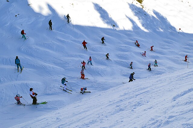 Moguls on a slope in Les Arcs, France
