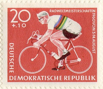 East German postage stamp depicting Schur, 1960 Stamp - GDR 20 Pfennig - Road Cycling World Championships 1960.jpg